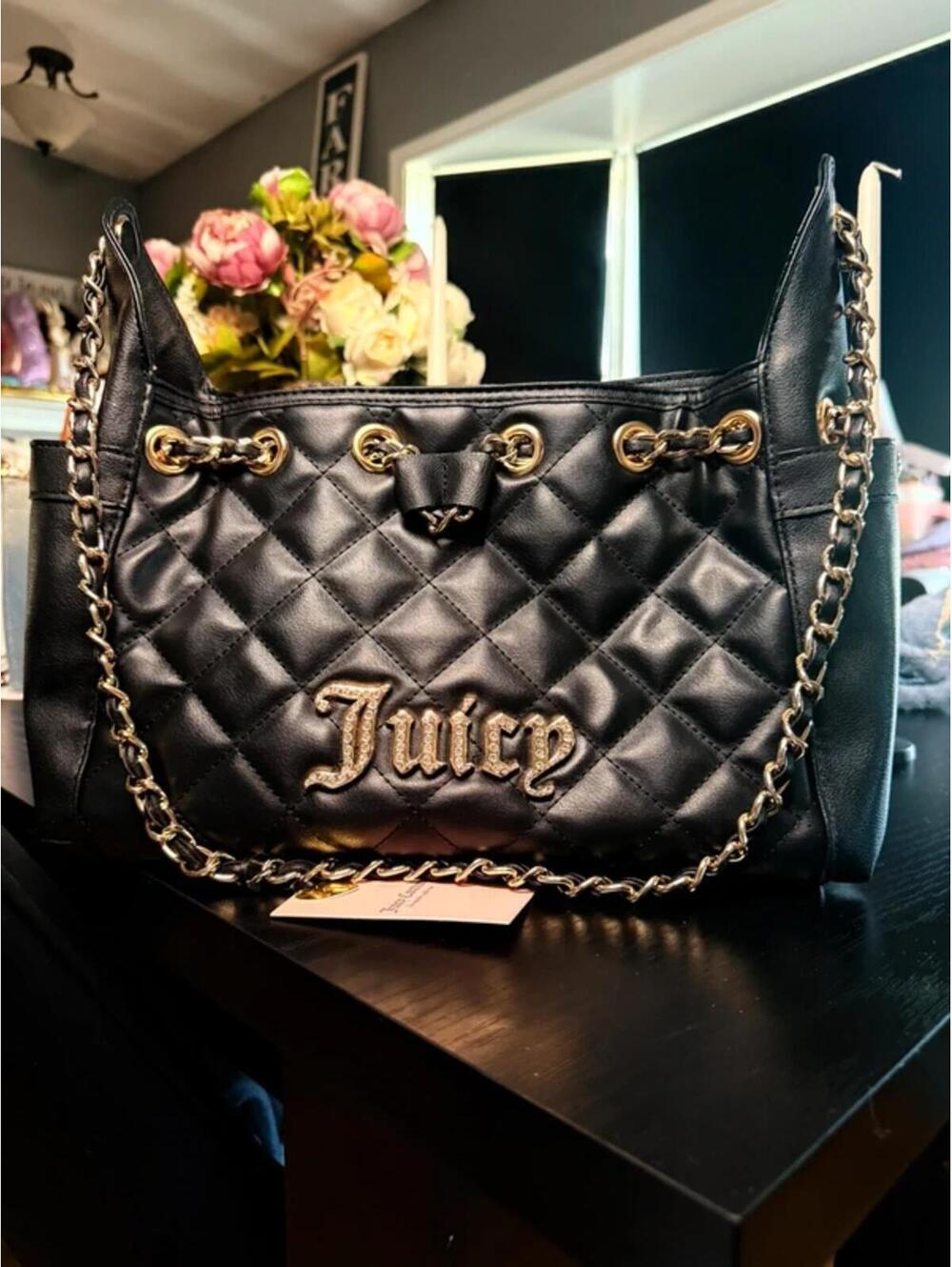 Juicy Couture Black Quilted Shoulder Tote Bag Gold Chain Strap Logo Purse NWT